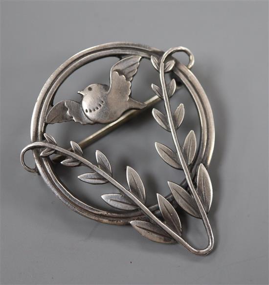 A Georg Jensen sterling song bird and foliage circular brooch, no. 258, 33mm.